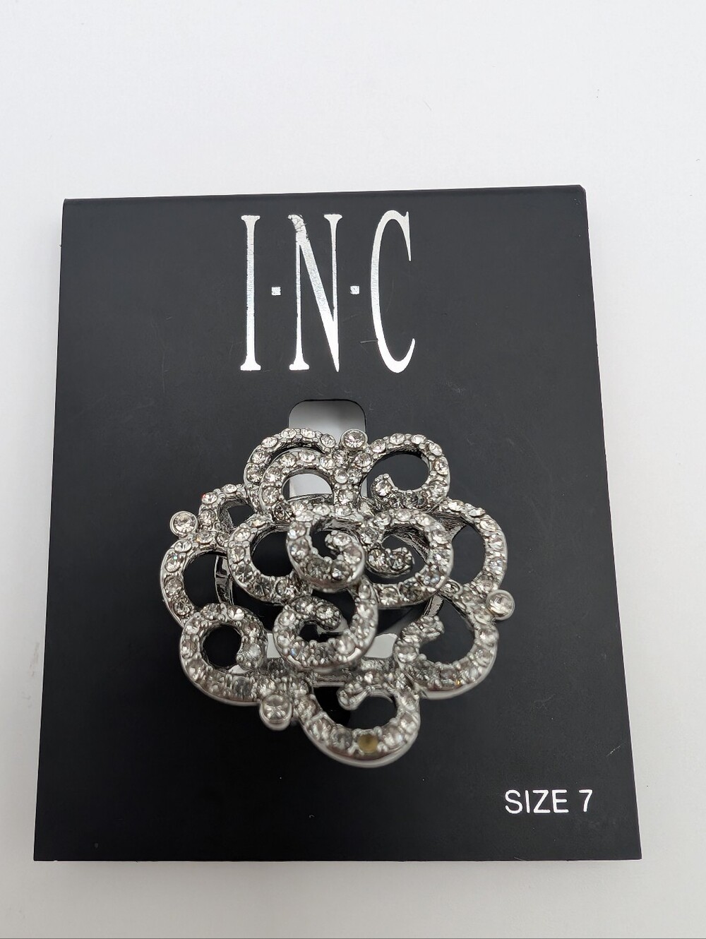 INC International Concepts Silver-Tone Crystal Floral Statement Ring Size 7 NWT
